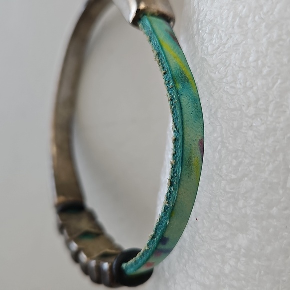 Teal Leather & Silvertone Metal Magnet Bangle Bracelet - Picture 2 of 5